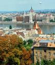 View over Buda, the river, and to the Parliament Buildings in Pest from the hilltop castle on Budas hill.